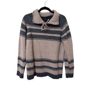 Aphrodite Striped Wool Blend Tie Collar Sweater Tan Grey Whipstitch Retro